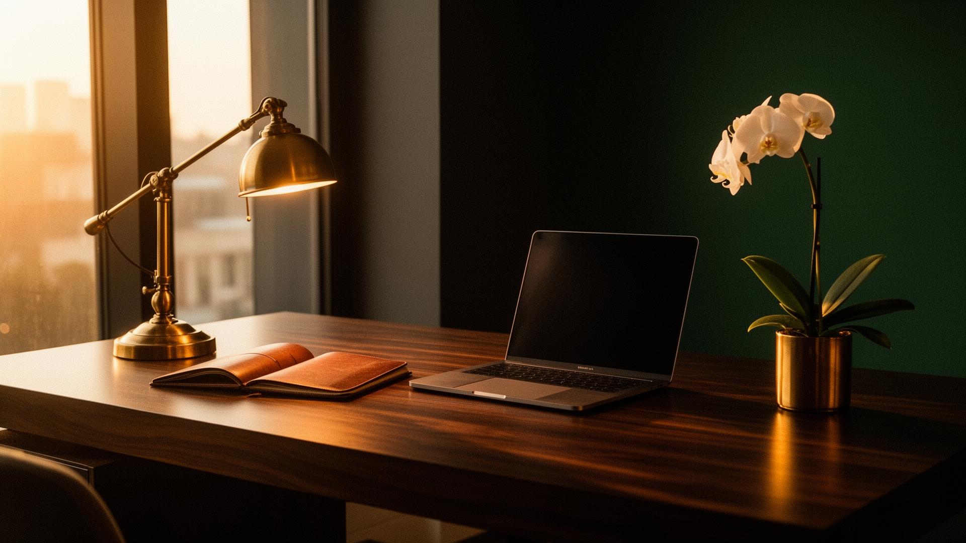 Refined workspace with brass desk lamp and laptop at golden hour